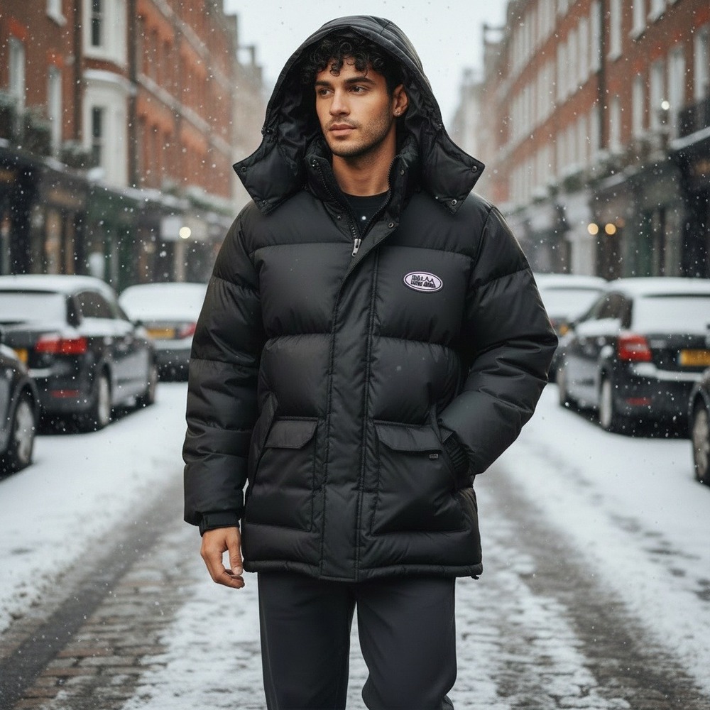 VTG FIRST DOWN Exploration Rugged Black Hooded Puffer Parka Down Jacket Mens‎ XL